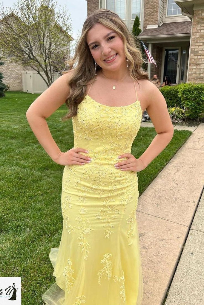 Gorgeous Yellow Mermaid Spaghetti Straps Sleeveless Lace Maxi Long Party Prom Dresses, Evening Gowns, FM245