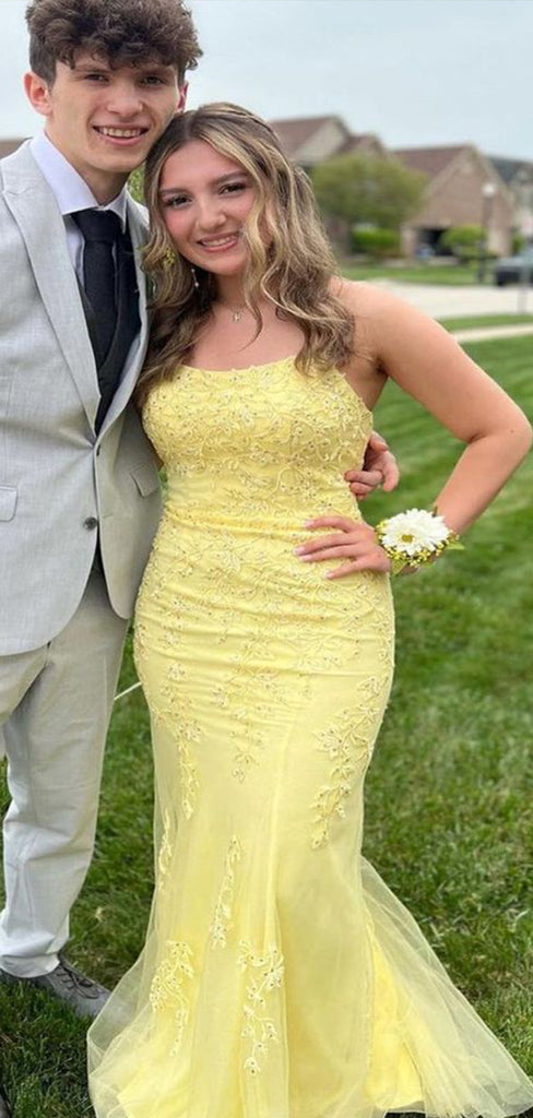 Gorgeous Yellow Mermaid Spaghetti Straps Sleeveless Lace Maxi Long Party Prom Dresses, Evening Gowns, FM245