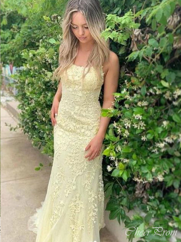 Elegant Light Yellow Mermaid Spaghetti Straps Sleeveless Lace Up Applique Maxi Long Party Prom Dresses, Evening Gowns, FM246