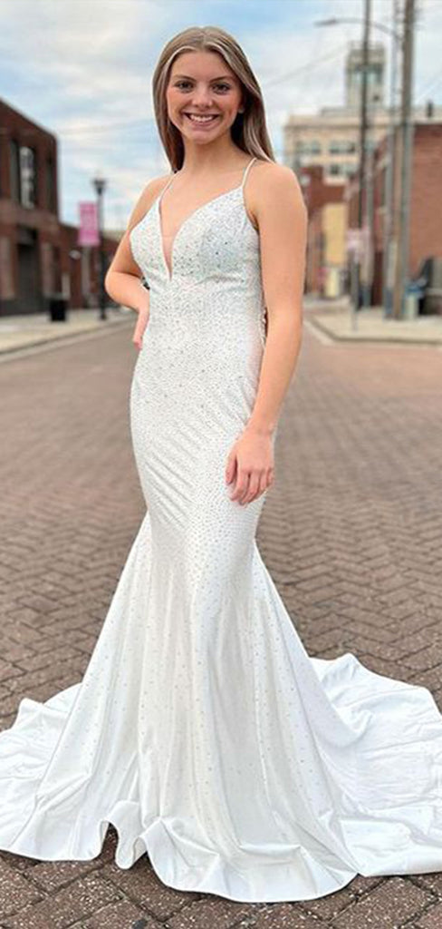 Shiny White Mermaid Spaghetti Straps V Neck Sleeveless Sequin Maxi Long Party Prom Dresses, Evening Gowns, FM247