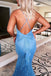 Sexy Blue Mermaid Spaghetti Straps V Neck Sleeveless Ruffle Sequin Maxi Long Party Prom Dresses, Evening Gowns, FM251