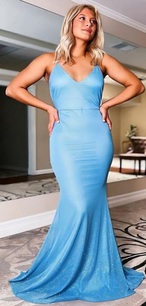 Sexy Blue Mermaid Spaghetti Straps V Neck Sleeveless Ruffle Sequin Maxi Long Party Prom Dresses, Evening Gowns, FM251