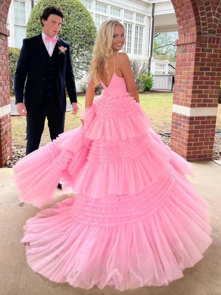 Gorgeous Pink A-Line Spaghetti Straps V Neck Sleeveless Ruffle Maxi Long Party Prom Dresses, Evening Gowns, FM252