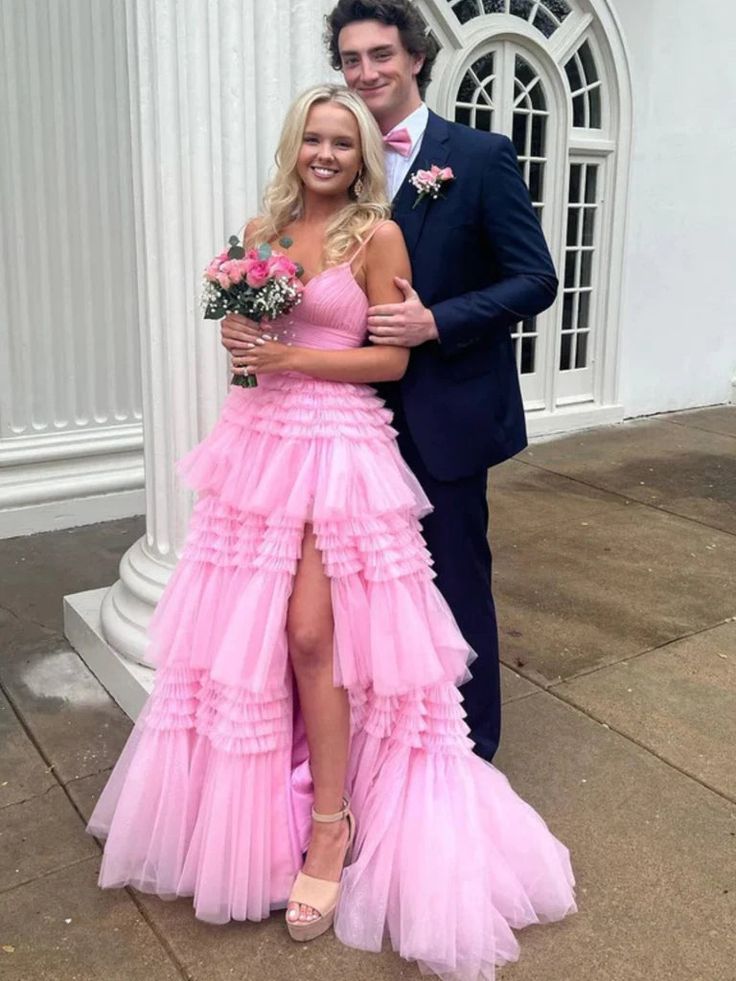 Gorgeous Pink A-Line Spaghetti Straps V Neck Sleeveless Ruffle Maxi Long Party Prom Dresses, Evening Gowns, FM252