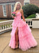 Gorgeous Pink A-Line Spaghetti Straps V Neck Sleeveless Ruffle Maxi Long Party Prom Dresses, Evening Gowns, FM252