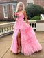 Gorgeous Pink A-Line Spaghetti Straps V Neck Sleeveless Ruffle Maxi Long Party Prom Dresses, Evening Gowns, FM252