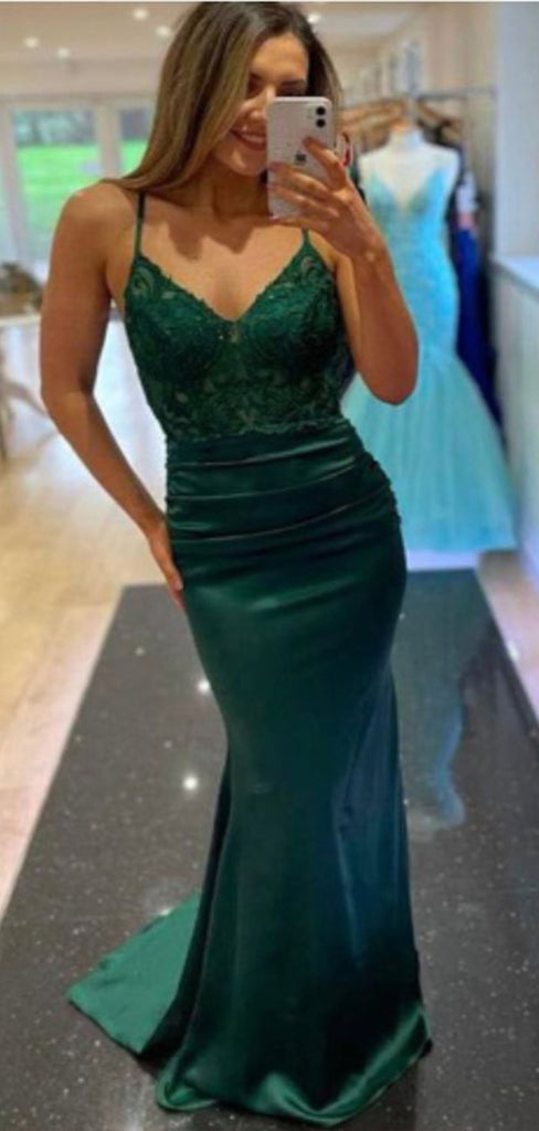 Sexy Emerald Mermaid Spaghetti Straps V Neck Sleeveless Applique Maxi Long Party Prom Dresses, Evening Gowns, FM255