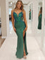 Sexy Green Mermaid Spaghetti Straps V Neck Sleeveless Applique Maxi Long Party Prom Dresses, Evening Gowns, FM256