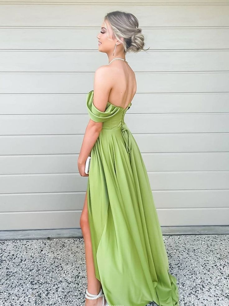 Elegant Green Sweetheart Off Shoulder Sleeveless Side Slit Maxi Long Party Prom Dresses, Evening Gowns, FM257