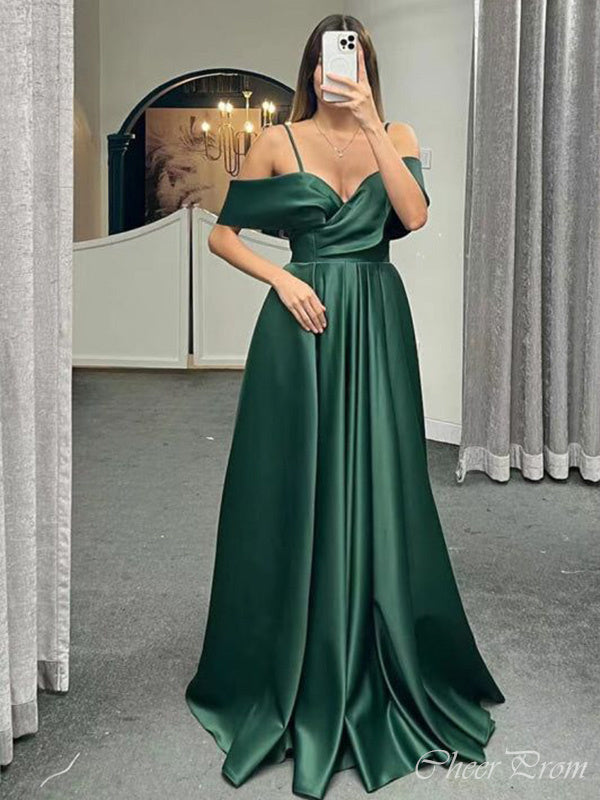 Elegant Dark Green Spaghetti Straps Off Shoulder Sleeveless Maxi Long Party Prom Dresses, Evening Gowns, FM258