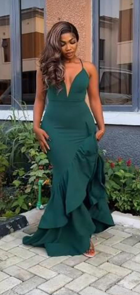 Sexy Dark Green Spaghetti Straps V Neck Sleeveless Maxi Long Party Prom Dresses, Evening Gowns, FM259