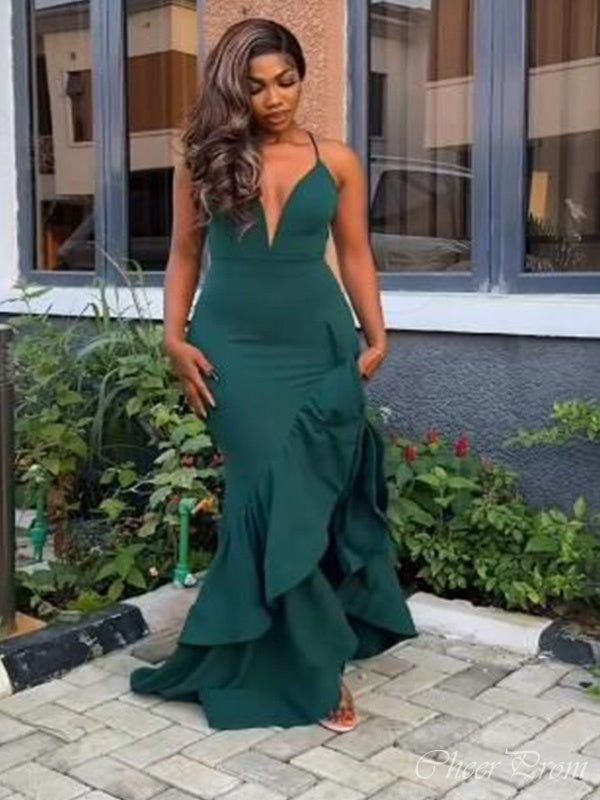 Sexy Dark Green Spaghetti Straps V Neck Sleeveless Maxi Long Party Prom Dresses, Evening Gowns, FM259