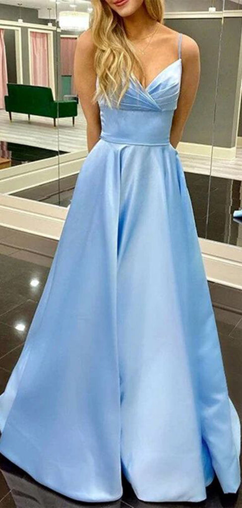 Elegant Blue A-Line Spaghetti Straps V Neck Sleeveless Maxi Long Party Prom Dresses, Evening Gowns, FM262