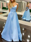 Elegant Blue A-Line Spaghetti Straps V Neck Sleeveless Maxi Long Party Prom Dresses, Evening Gowns, FM262