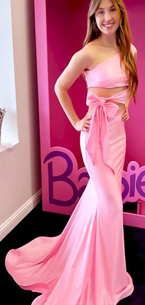 Unique Pink A-Line One Shoulder Sleeveless Maxi Long Party Prom Dresses, Evening Gowns, FM263