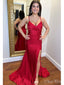 Sexy Red Mermaid Spaghetti Straps V Neck Sleeveless Side Slit Maxi Long Party Prom Dresses, Evening Gowns, FM266