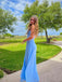 Simple Blue Straps Square Sleeveless Side Slit Maxi Long Party Prom Dresses, Evening Gowns, FM267