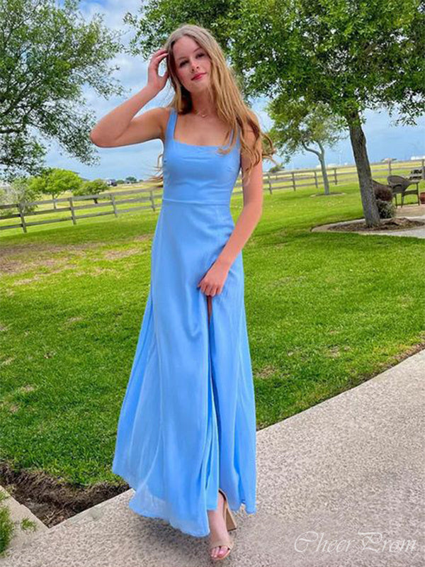 Simple Blue Straps Square Sleeveless Side Slit Maxi Long Party Prom Dresses, Evening Gowns, FM267