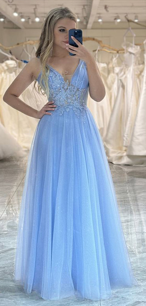 Gorgeous Blue Spaghetti Straps V Neck Sleeveless Applique Maxi Long Party Prom Dresses, Evening Gowns, FM268