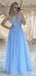 Gorgeous Blue Spaghetti Straps V Neck Sleeveless Applique Maxi Long Party Prom Dresses, Evening Gowns, FM268