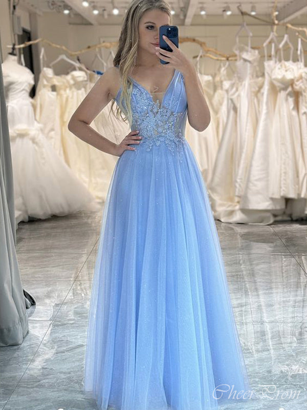 Gorgeous Blue Spaghetti Straps V Neck Sleeveless Applique Maxi Long Party Prom Dresses, Evening Gowns, FM268