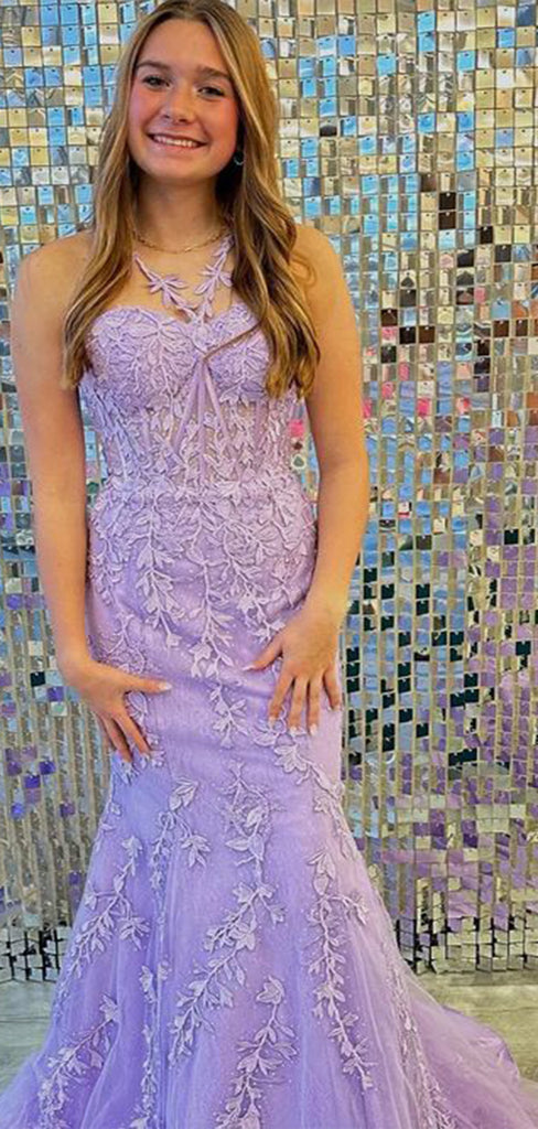 Elegant Purple Mermaid Halter Sweetheart Sleeveless Lace Maxi Long Party Prom Dresses, Evening Gowns, FM269