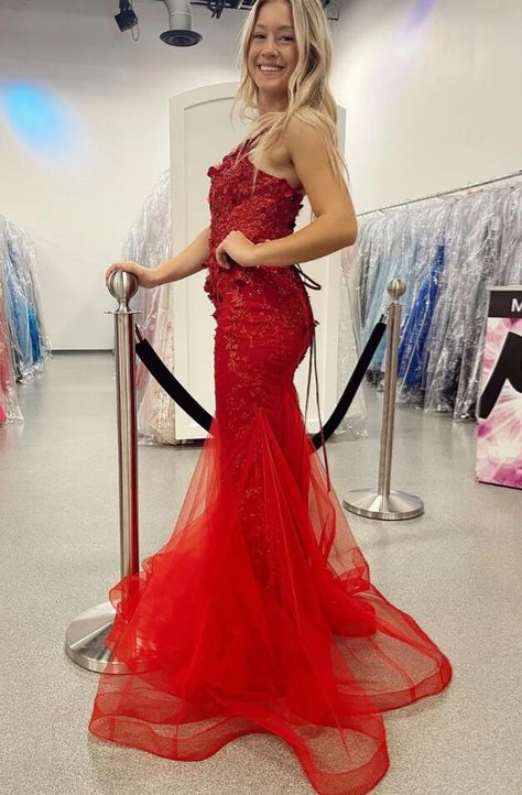 Sexy Red Mermaid Spaghetti Straps Sleeveless Applique Maxi Long Party Prom Dresses, Evening Gowns, FM270