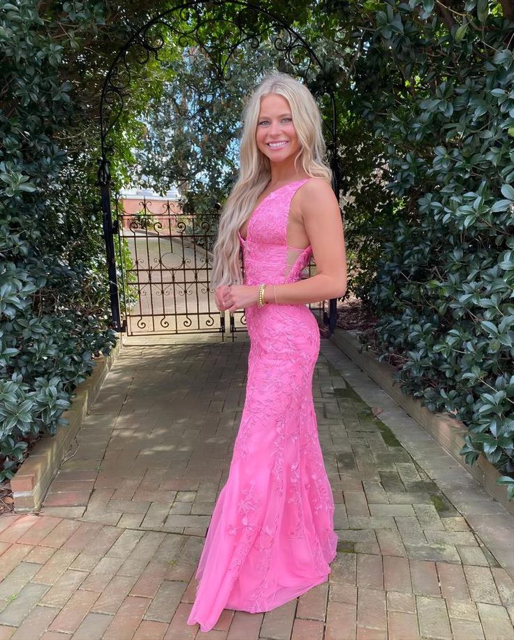 Sexy Pink Mermaid Spaghetti Straps V Neck Sleeveless Lace Maxi Long Party Prom Dresses, Evening Gowns, FM271