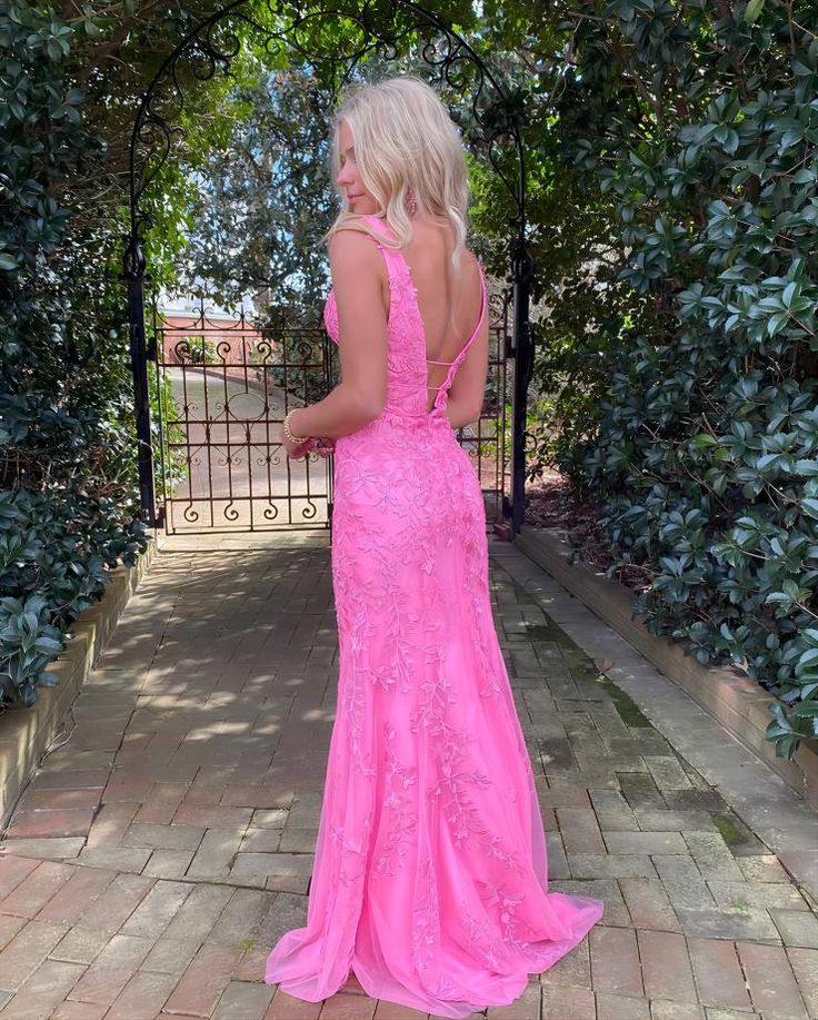 Sexy Pink Mermaid Spaghetti Straps V Neck Sleeveless Lace Maxi Long Party Prom Dresses, Evening Gowns, FM271