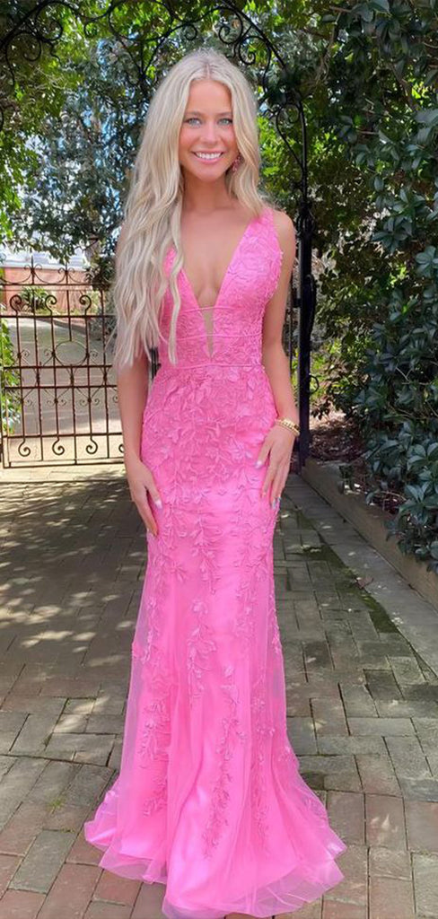 Sexy Pink Mermaid Spaghetti Straps V Neck Sleeveless Lace Maxi Long Party Prom Dresses, Evening Gowns, FM271