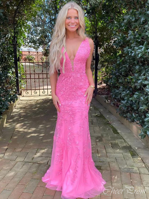 Sexy Pink Mermaid Spaghetti Straps V Neck Sleeveless Lace Maxi Long Party Prom Dresses, Evening Gowns, FM271