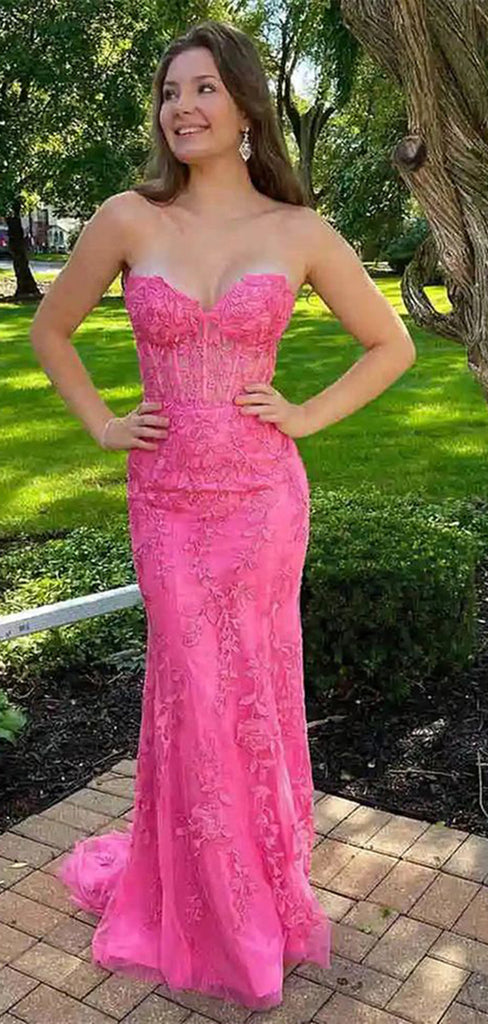 Charming Pink Mermaid Sweetheart Sleeveless Lace Maxi Long Party Prom Dresses, Evening Gowns, FM272