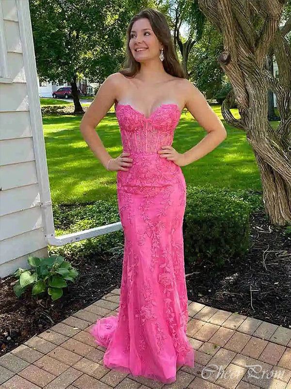 Charming Pink Mermaid Sweetheart Sleeveless Lace Maxi Long Party Prom Dresses, Evening Gowns, FM272