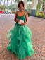 Gorgeous Green Spaghetti Straps V Neck Sleeveless Applique Maxi Long Party Prom Dresses, Evening Gowns, FM275