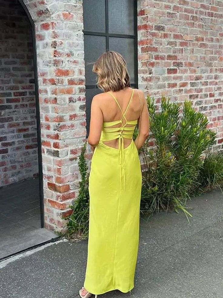 Simple Yellow Mermaid V Neck Halter Lace Up Maxi Party Prom Gowns,Wedding Guest Dresses,FM28