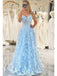 Gorgeous Blue Spaghetti Straps V Neck Sleeveless Lace Maxi Long Party Prom Dresses, Evening Gowns, FM358