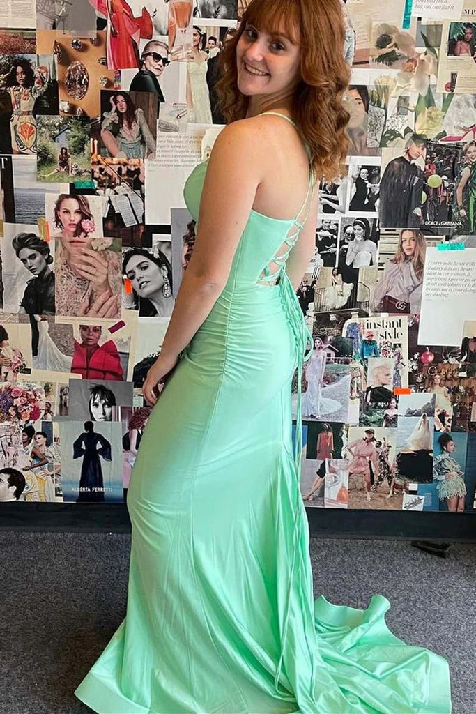 Simple Green Mermaid Spaghetti Straps V Neck Sleeveless Maxi Long Party Prom Dresses, Evening Gowns, FM367