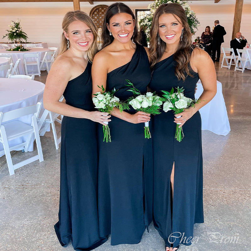 Simple Dark Blue One shoulder Side Slit Long Dresses for Maid of Honor,&nbsp; Floor length Bridesmaid Dresses,CP358