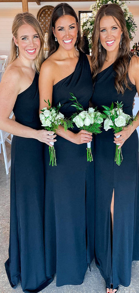 Simple Dark Blue One shoulder Side Slit Long Dresses for Maid of Honor,&nbsp; Floor length Bridesmaid Dresses,CP358