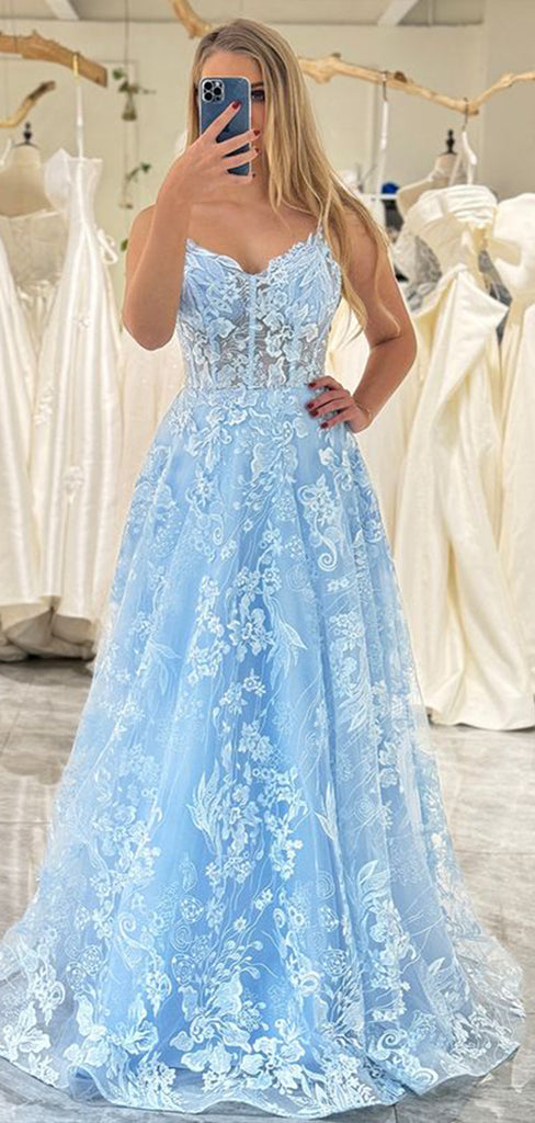 Gorgeous Blue Spaghetti Straps V Neck Sleeveless Lace Maxi Long Party Prom Dresses, Evening Gowns, FM358