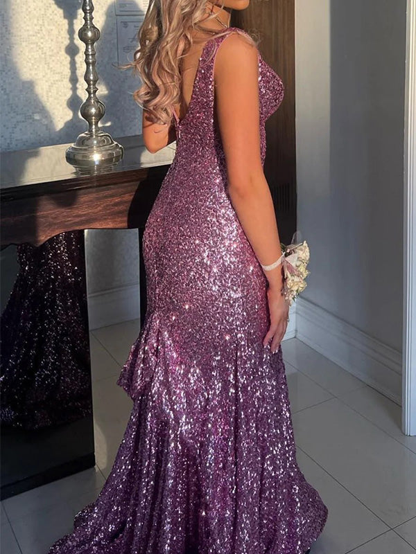 Sexy V-neck Mermaid Sleeveless Popular Maxi Long Party Prom Dresses, FM636