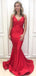 Sexy Red Mermaid Spaghetti Straps V Neck Sleeveless Maxi Long Party Prom Dresses, Evening Gowns, FM281