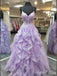 Gorgeous Purple Spaghetti Straps V Neck Sleeveless Lace Ruffle Maxi Long Party Prom Dresses, Evening Gowns, FM282