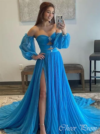 Elegant Blue A-Line 3/4 sleeve Side Slit Popular Maxi&nbsp;Long Evening Gowns, Formal, Birthday Party, FM441