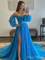 Elegant Blue A-Line 3/4 sleeve Side Slit Popular Maxi Long Evening Gowns, Formal, Birthday Party, FM441