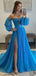 Elegant Blue A-Line 3/4 sleeve Side Slit Popular Maxi&nbsp;Long Evening Gowns, Formal, Birthday Party, FM441