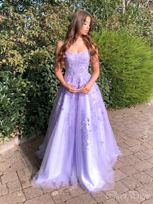 Charming Purple Spaghetti Straps Sleeveless Lace Maxi Long Party Prom Dresses, Evening Gowns, FM284