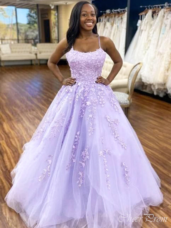 Elegant Purple Spaghetti Straps Sleeveless Lace Maxi Long Party Prom Dresses, Evening Gowns, FM285