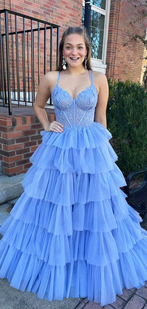 Gorgeous Spaghetti Straps V Neck Sleeveless Lace Ruffle Maxi Long Party Prom Dresses, Evening Gowns, FM286