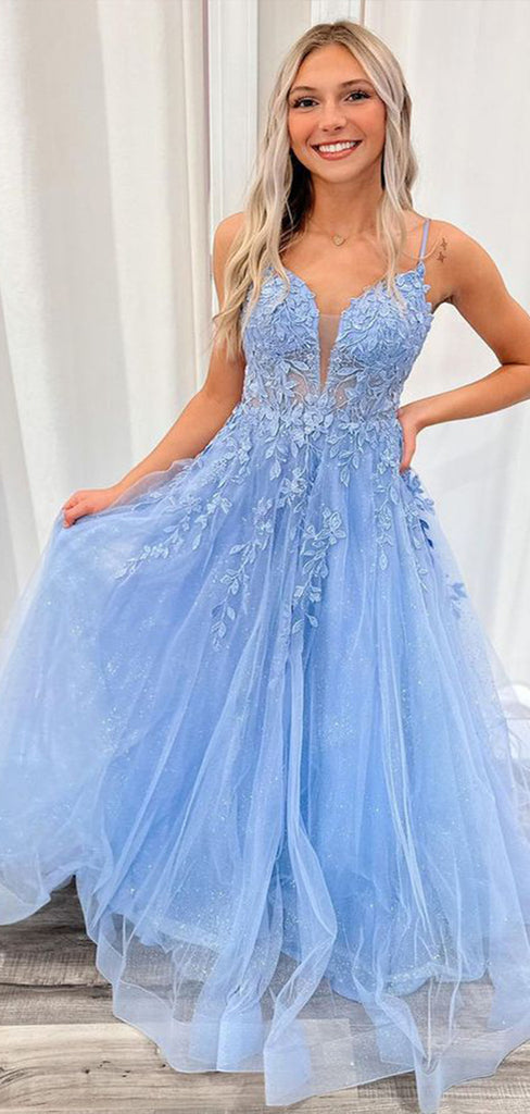 Elegant Blue Spaghetti Straps V Neck Sleeveless Lace Maxi Long Party Prom Dresses, Evening Gowns, FM287